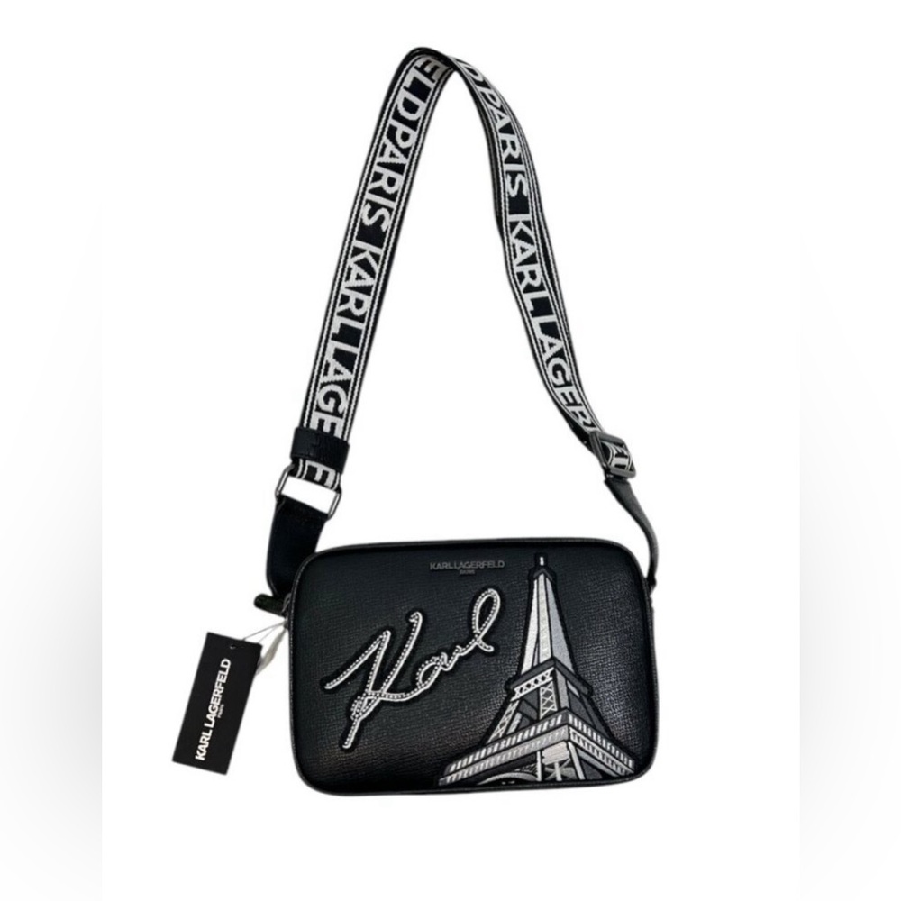 Karl Lagerfeld Maybelle Eilffel Tower Camera Crossbody Bag Black New $198